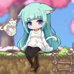  1girl =_= animal animal_ears black_pantyhose blue_eyes blue_sky blurry blurry_background boots brown_footwear cat cat_ears cat_girl cat_tail chibi closed_eyes closed_mouth cross-laced_footwear day depth_of_field full_body game_screenshot_background green_hair heart highres lace-up_boots long_hair long_sleeves nekono_rin original outdoors pantyhose sky sleeves_past_fingers sleeves_past_wrists solo sweater tail tree very_long_hair white_cat white_sweater wide_sleeves yarn yarn_ball 