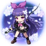  1girl animal black_jacket black_skirt black_socks brown_footwear copyright_request earrings flower fox hair_flower hair_ornament hair_ribbon hairband holding holding_weapon jacket jewelry loafers long_sleeves neckerchief nekono_rin open_clothes open_jacket pink_neckerchief pleated_skirt purple_hair purple_hairband purple_ribbon ribbon sailor_collar shirt shoes skirt socks solo standing violet_eyes weapon weapon_request white_flower white_sailor_collar white_shirt wide_sleeves 