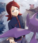  1boy belt_buckle blush buckle bush clefairy closed_mouth commentary_request cowlick crobat day grey_eyes grin haisato_(ddclown14) jacket long_hair male_focus outdoors pants pokemon pokemon_(creature) pokemon_(game) pokemon_hgss redhead rock signature silver_(pokemon) smile standing teeth 