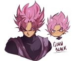  1boy blush chibi chibi_inset closed_mouth cropped_torso dragon_ball dragon_ball_super earrings goku_black highres jewelry male_focus pink_eyebrows pink_hair potara_earrings sara_(dbzsenpai) smirk solo spiky_hair super_saiyan super_saiyan_rose upper_body 