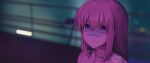  1girl absurdres bandaid bandaid_on_face bandaid_on_nose blade_runner_2049 blue_eyes blurry blurry_background bocchi_the_rock! carlo_montie closed_mouth goslingposting gotou_hitori highres jacket long_hair meme movie_reference neon_palette outdoors parody pink_hair portrait sidelocks signature solo track_jacket upper_body 