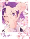  1boy blue_lock character_name flower hands_up heart heart_hands jacket long_sleeves looking_at_viewer male_focus mikage_reo nokcha26 one_eye_closed open_mouth pink_flower portrait purple_hair short_eyebrows short_hair smile solo violet_eyes white_background white_jacket 