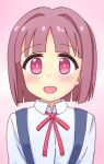  1girl :d aged_down blunt_bangs blunt_ends bob_cut brown_hair commentary dot_nose gradient_background hair_intakes highres hozuki_momiji light_blush looking_at_viewer neck_ribbon onii-chan_wa_oshimai! open_mouth pink_background portrait red_eyes red_ribbon ribbon shin_(ustir7) shirt short_hair simple_background smile solo suspenders white_shirt wing_collar 