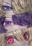  1boy 2girls absurdres blonde_hair blue_eyes close-up commentary_request eye_focus hair_between_eyes hair_over_one_eye highres hoshino_ai_(oshi_no_ko) hoshino_aquamarine hoshino_ruby mismatched_pupils multiple_girls nept_o oshi_no_ko purple_hair red_eyes star-shaped_pupils star_(symbol) swept_bangs symbol-shaped_pupils violet_eyes 