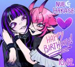  2girls black_hair black_jacket bob_cut bracelet camisole character_name claws commentary dated earrings english_commentary eyeliner frills grin happy_birthday heart highres horns indie_virtual_youtuber jacket jewelry makeup multicolored_hair multiple_earrings multiple_girls nue_hakase original pink_eyeliner pink_hair pointy_ears purple_eyeliner purple_hair saiyakyun sharp_teeth smile streaked_hair teeth two-tone_hair violet_eyes virtual_youtuber white_camisole 