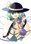  1girl black_headwear buttons collared_shirt corded_phone deetamu diamond_button frilled_shirt_collar frilled_sleeves frills green_eyes green_hair green_skirt hat hat_ribbon highres holding holding_knife holding_phone knife koishi_day komeiji_koishi long_sleeves open_mouth phone ribbon shirt short_hair simple_background skirt smile solo third_eye touhou upper_body white_background wide_sleeves yellow_ribbon yellow_shirt 