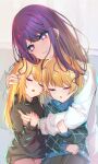  1boy 2girls absurdres black_hoodie blonde_hair closed_mouth commentary head_hug highres hood hoodie hoshino_ai_(oshi_no_ko) hoshino_aquamarine hoshino_ruby hug long_hair mother_and_daughter mother_and_son multicolored_eyes multiple_girls open_mouth oshi_no_ko parted_lips purple_hair sherryqq short_hair siblings sidelocks sleeping star-shaped_pupils star_(symbol) sweater symbol-shaped_pupils twins violet_eyes white_sweater 