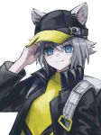  1girl 3_(sanyako1) animal_ears arknights baseball_cap black_headwear black_jacket blue_eyes click_(arknights) ears_through_headwear grey_hair hand_on_headwear hand_up hat highres jacket long_sleeves looking_at_viewer mouse_ears mouse_girl open_clothes open_jacket shirt short_hair simple_background smile solo upper_body white_background yellow_shirt 