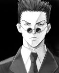  1boy absurdres commentary derivative_work formal frown greyscale highres hunter_x_hunter leorio_paladiknight male_focus monochrome necktie portrait solo suit sunglasses v-shaped_eyebrows xyanaid 