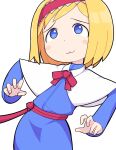  1girl :3 alice_margatroid blonde_hair blue_dress blue_eyes blush bow bowtie capelet closed_mouth collared_capelet commentary_request cookie_(touhou) cowboy_shot dress flat_chest frilled_hairband frills hairband hospital_king long_sleeves red_bow red_bowtie red_hairband red_sash sash short_bangs short_hair simple_background smile solo taisa_(cookie) touhou white_background white_capelet 