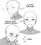  1other @_@ androgynous arrow_(symbol) artist_name bald closed_eyes commentary english_commentary english_text greyscale highres monochrome original other_focus saiyakyun signature smile 