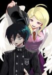  1boy 1girl :d ahoge akamatsu_kaede angel_wings black_background black_hair black_jacket breast_pocket breasts brown_necktie buttons collared_shirt danganronpa_(series) danganronpa_v3:_killing_harmony double-breasted hair_between_eyes jacket large_breasts looking_at_another necktie pink_eyes pink_vest pleated_skirt pocket purple_skirt saihara_shuichi sg_(sallgam) shirt short_hair simple_background skirt smile spoilers striped striped_jacket teeth vest wings 