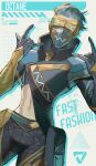  &gt;_&lt; 1boy \m/ apex_legends artist_name black_shorts blue_gloves blue_hair blue_jacket character_name clothing_cutout fast_fashion_octane gloves goggles hair_slicked_back highres jacket male_focus mask mouth_mask octane_(apex_legends) official_alternate_costume pouch reikichi shorts solo stomach_cutout 