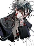  1boy antenna_hair asfwef bandaged_fingers bandaged_hand bandages bandaid bandaid_on_face black_coat black_hair blade_(honkai:_star_rail) blood blood_on_clothes blood_on_face blood_on_hands coat earrings fingernails grey_shirt hair_intakes head_tilt highres honkai:_star_rail honkai_(series) jewelry long_hair male_focus red_eyes shirt simple_background sketch solo very_long_hair white_background 