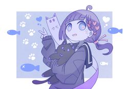  1girl :d ahoge animal black_cardigan blue_background blue_eyes blue_theme blunt_bangs blunt_ends blush bow bowtie braid cardigan cat cathead d: diamond_(shape) fish ghost hair_ornament hair_tie heart heart-shaped_pupils highres holding holding_animal holding_cat long_sleeves looking_at_viewer no_nose omochi_noa original paw_print ponytail sailor_collar school_uniform serafuku shirt short_hair simple_background single_braid smile solid_oval_eyes symbol-shaped_pupils triangle_mouth uniform v violet_eyes x_x 