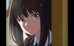  1girl black_hair blue_dress commentary_request dress ginnouchi inoue_takina long_hair lycoris_recoil lycoris_uniform microsoft_powerpoint_(medium) parted_lips partial_commentary peeking_out pillarboxed solo violet_eyes 