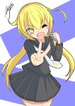  1girl artist_request blonde_hair crescent crescent_pin highres kantai_collection long_hair one_eye_closed satsuki_(kancolle) school_uniform serafuku signature smile solo twintails v yellow_eyes 