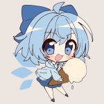  1girl :d absurdres ahoge alternate_costume blue_bow blue_eyes blue_footwear blue_hair blue_jacket blue_skirt bow chibi cirno commentary defosko detached_wings food full_body grey_background hair_bow highres holding holding_food ice ice_cream_cone ice_wings jacket open_mouth short_hair simple_background sketch skirt smile solo touhou wings 