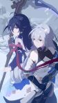  2girls absurdres ahoge arm_scarf bare_shoulders bear_minstrel black_gloves blue_eyes blue_hair breasts bronya_rand closed_mouth earrings elbow_gloves english_commentary fighting_stance fingerless_gloves gloves grey_eyes grey_hair gun hair_between_eyes highres holding holding_scythe honkai:_star_rail honkai_(series) jewelry medium_breasts multiple_girls red_scarf rifle scarf scythe seele_(honkai:_star_rail) standing v-shaped_eyebrows weapon 