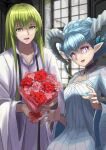  1girl 1other androgynous aqua_dress aqua_hair blue_nails bouquet collarbone commentary curled_horns dragon_horns dress enkidu_(fate) fate/grand_order fate_(series) fingernails flower green_eyes green_hair grey_horns hair_between_eyes height_difference highres holding holding_bouquet horns indoors ksfactory larva_tiamat_(fate) long_hair open_mouth pink_eyes pink_flower pointy_ears red_flower robe smile striped striped_dress symbol-shaped_pupils tiamat_(fate) very_long_hair white_robe wide_sleeves window x-shaped_pupils x_x 