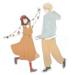  1boy 1girl absurdres beret blonde_hair bob_cut brown_hair closed_eyes collared_shirt dancing dress floral_print full_body hair_ornament hairclip hat highres iwakura_mitsumi long_sleeves looking_at_viewer open_mouth oversized_clothes red_headwear red_socks shima_sousuke shirt shoes short_hair simple_background skip_to_loafer smile sneakers socks sugata_dski white_background 