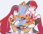  1boy 2girls alear_(female)_(fire_emblem) alear_(fire_emblem) alear_(male)_(fire_emblem) bird black_gloves blue_hair bouquet cape closed_eyes closed_mouth crow d_kenpis fire_emblem fire_emblem_engage flower gloves hair_between_eyes highres holding holding_bouquet hug long_hair long_sleeves lumera_(fire_emblem) mother_and_daughter mother_and_son multicolored_hair multiple_girls open_mouth redhead ribbon short_hair tiara two-tone_hair very_long_hair 