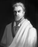  1boy absurdres askeladd cloak commentary dark_background facial_hair goatee greyscale highres male_focus mature_male monochrome solo upper_body vinland_saga widow&#039;s_peak xyanaid 