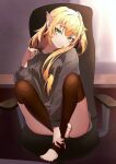  1girl absurdres black_thighhighs blonde_hair dowal elf green_eyes grey_hoodie highres hood hoodie long_hair no_pants on_chair original pointy_ears solo thigh-highs thighs 