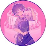  1boy apron cake commentary cowboy_shot english_commentary food fruit holding holding_food holding_fruit holding_spoon male_focus original pink_background pink_theme polo_shirt purple_hair saiyakyun signature sleeves_rolled_up solo spoon strawberry violet_eyes wooden_spoon 