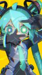  1girl absurdres ahoge android aqua_eyes aqua_hair aqua_nails aqua_necktie blue_eyes blue_hair cable cable_hair cheri_zao chromatic_aberration collared_shirt commentary_request covering_mouth detached_sleeves finger_frame hatsune_miku headgear headphones heterochromia highres long_hair looking_at_viewer necktie ringed_eyes robot_girl see-through see-through_sleeves shirt simple_background solo twintails upper_body very_long_hair vocaloid yellow_background 