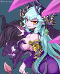  breasts demon_girl demon_horns demon_queen_lilith dress guardian_tales highres horns large_breasts looking_at_viewer purple_dress suikabo 