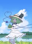  1girl aqua_eyes black_bow black_headwear black_ribbon blouse bow bright_pupils clouds commentary day eyeball food fruit green_eyes hat hat_bow hat_ribbon heart heart_of_string highres holding holding_food holding_fruit komeiji_koishi light_green_hair looking_at_viewer medium_hair open_mouth outdoors ribbon ryokucha_manma shirt short_sleeves skirt sky smile solo sun_hat third_eye touhou watermelon wavy_hair white_headwear white_shirt white_skirt 