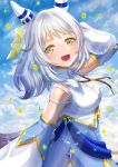  1girl animal_ears bare_shoulders blurry blurry_background blush breasts brown_eyes clouds detached_sleeves ear_covers flower grey_hair hair_between_eyes hair_ornament hand_in_own_hair highres hishi_miracle_(umamusume) horse_ears horse_girl horse_tail lens_flare looking_at_viewer medium_breasts medium_hair open_mouth otono_(bkt4b) sky solo tail umamusume 