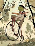  1boy baguette beret bicycle black_vest bread clouds cloudy_sky flower food frog furry hat holding holding_food kyletwebster leaf necktie no_humans original outdoors park red_necktie red_ribbon ribbon riding riding_bicycle shirt signature sky smile tall_bicycle tree vest white_shirt wind yellow_eyes yellow_flower 