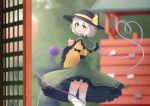  1girl :d absurdres black_bow black_headwear black_sash blurry blurry_background blush bow capelet detached_sleeves eyeball feet_out_of_frame frilled_capelet frilled_skirt frilled_sleeves frills green_capelet green_eyes green_skirt grey_hair hat hat_bow hat_ribbon heart heart_of_string highres komeiji_koishi long_sleeves looking_at_viewer medium_hair open_mouth ribbon sash shirt skirt sleeve_bow smile solo standing teeth thigh-highs third_eye touhou upper_teeth_only white_thighhighs wide_sleeves wrainman yellow_bow yellow_ribbon yellow_shirt yellow_sleeves 