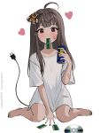 1girl ahoge animal_on_head artist_name bandaid bandaid_on_arm bandaid_on_cheek bandaid_on_face bandaid_on_leg barefoot between_legs blush brown_hair bug cable cable_tail can cd drink ear_piercing electric_plug full_body hand_between_legs hand_up heart highres holding holding_can holding_drink long_hair looking_at_viewer mechanical_tail moth mouth_hold on_head original oversized_clothes oversized_shirt piercing ram_(computer) red_eyes shirt short_sleeves simple_background sitting solo straight_hair t-shirt tail tail_raised vickie_(cryingrobot) vickie_(cryingrobot)_(character) wariza wd-40 white_background white_shirt white_t-shirt