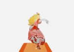  1girl back blonde_hair crown dress elbow_gloves gloves high_heels highres holding holding_clothes holding_dress kengyou_lei long_hair pink_dress princess_peach red_footwear running simple_background solo super_mario_bros. the_super_mario_bros._movie white_gloves 