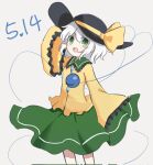  1girl black_headwear blouse blush bow buttons cowboy_shot diamond_button eyeball frilled_shirt_collar frilled_sleeves frills green_eyes green_skirt grey_background hat hat_bow hat_ribbon heart heart_of_string koishi_day komeiji_koishi long_sleeves looking_at_viewer medium_hair open_mouth qqq ribbon shirt skirt smile solo standing third_eye touhou wavy_hair white_hair wide_sleeves yellow_bow yellow_ribbon yellow_shirt 