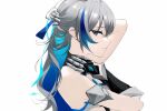  1girl absurdres ahivemind arm_armor armor blonde_hair blue_eyes bronya_zaychik closed_mouth colored_inner_hair facing_to_the_side grey_hair hand_in_own_hair highres honkai_(series) honkai_impact_3rd looking_at_viewer multicolored_hair shirt sleeveless sleeveless_shirt smile solo wavy_hair 