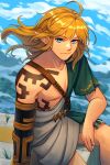  1boy ahoge arm_tattoo artist_name blonde_hair caminukai closed_mouth clouds day highres link long_hair looking_at_viewer male_focus outdoors pointy_ears short_sleeves single_bare_shoulder sitting smile solo tattoo the_legend_of_zelda the_legend_of_zelda:_tears_of_the_kingdom 