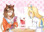  2girls absurdres ahoge animal_ears animal_print aqua_hair blonde_hair blue_eyes braid brown_hair casual cellphone cherry closed_eyes collarbone colored_inner_hair commentary_request food fruit hair_between_eyes hair_ornament hairclip highres holding holding_phone horse_ears horse_girl jacket jewelry jungle_pocket_(umamusume) leopard_print long_hair long_sleeves looking_down medium_hair messy_hair multicolored_hair multiple_girls neo_universe_(umamusume) notched_ear official_alternate_costume open_clothes open_jacket orange_jacket parfait pendant phone ryochapu sidelocks sitting smartphone strawberry table tail taking_picture tankard two-tone_hair umamusume upper_body wafer_stick wavy_hair white_hair wooden_chair wooden_table 