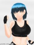  1girl absurdres artist_name bare_shoulders black_hair black_sports_bra blue_hair blush breasts gym gym_uniform hair_between_eyes hair_over_eyes highres large_breasts multicolored_hair non-web_source original sarmdragneel solo split-color_hair sports_bra sweat twitter_username 