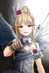  1girl angel_wings black_gloves blonde_hair breasts chromatic_aberration commentary_request detached_collar dress feather_hair_ornament feathered_wings feathers flower gloves grey_dress hair_bun hair_flower hair_ornament highres idolmaster idolmaster_million_live! idolmaster_million_live!_theater_days kotori_ryou red_eyes see-through_gloves sidelocks single_hair_bun small_breasts solo tenkubashi_tomoka wings 