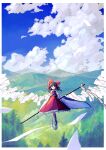  1girl absurdres ascot blue_ascot blue_sky bow clouds cloudy_sky collar collared_shirt detached_sleeves flying frilled_bow frilled_hair_tubes frills full_body gohei hair_bow hair_tubes hakurei_reimu highres jacket long_sleeves looking_at_viewer mountain mountainous_horizon red_bow red_headwear red_jacket red_skirt ribbon-trimmed_sleeves ribbon_trim shirt skirt skirt_set sky socks solo touhou uzumibi white_shirt wide_sleeves 