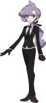  1girl anabel_(pokemon) black_footwear black_gloves black_jacket black_necktie black_pants black_ribbon buttons clenched_hand closed_mouth collared_shirt earpiece eyelashes full_body gloves hair_ribbon highres jacket long_hair long_sleeves looking_at_viewer necktie official_art pants pokemon pokemon_(game) pokemon_sm ponytail purple_hair ribbon shirt shoes solo standing transparent_background violet_eyes white_shirt 