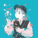  1girl bag baseball_cap black_headwear blue_background blue_eyes blue_hair bob_cut collared_shirt commentary_request falling_petals flower hand_on_own_chest handbag hat highres jacket layered_clothes letterman_jacket long_sleeves looking_at_another medium_hair multicolored_hair no_pupils nocopyrightgirl open_hand original pale_skin parted_lips petals puffy_sleeves red_flower redhead shirt sleeve_cuffs sleeves_past_wrists solo two-tone_hair upper_body white_shirt 