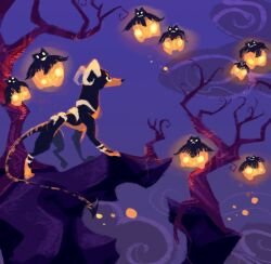  animated animated_gif bare_tree bedupolker complementary_colors curled_horns demon_tail fog glowing horns houndoom jack-o'-lantern light_particles no_humans outdoors pokemon pokemon_(creature) pokemon_focus pumpkaboo purple_background tail tree withered 