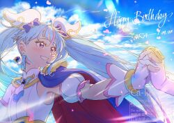  1girl artist_name birthday blue_cape blue_eyes blue_hair blue_sky brooch cape clouds cloudy_sky commentary cure_sky cursive cut_bangs dated day detached_sleeves dress earrings english_text fingerless_gloves gloves gradient_hair hair_ornament happy_birthday highres hirogaru_sky!_precure holding_hands interlocked_fingers jewelry long_hair magical_girl multicolored_hair multiple_girls open_mouth out_of_frame outdoors paperca-ke petals pink_hair precure puffy_detached_sleeves puffy_sleeves red_cape signature single_sidelock sky sleeveless sleeveless_dress smile solo_focus sora_harewataru streaked_hair sunlight twintails two-sided_cape two-sided_fabric two-tone_hair very_long_hair white_dress white_gloves wind wing_brooch wing_hair_ornament 