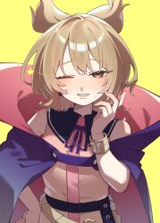  1girl absurdres blush bracelet cape commentary_request grin hand_on_own_hip highres jewelry looking_at_viewer neck_ribbon one_eye_closed pink_cape pink_shirt pointy_hair purple_cape purple_ribbon ribbon shirt sleeveless sleeveless_shirt smile solo sumiyama_sui sweatdrop touhou toyosatomimi_no_miko two-sided_cape two-sided_fabric wink_star 