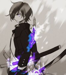  1boy anpolly black_jacket brown_hair closed_mouth commentary_request gakuseifuku_no_otokonoko_(sekaiju) hand_in_pocket holding holding_sword holding_weapon jacket looking_ahead male_focus multiple_swords open_clothes open_jacket purple_energy school_uniform sekaiju_no_meikyuu sekaiju_no_meikyuu_5 shirt short_hair solo sword v-shaped_eyebrows violet_eyes weapon white_shirt 